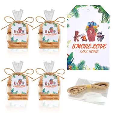 Imagem de WANGDEFA 100 sacos Smore Love Bags S'Mores sacos transparentes reforçados de poliéster para lembrancinhas da floresta com etiqueta de favor para chá de bebê Smores festa de acampamento