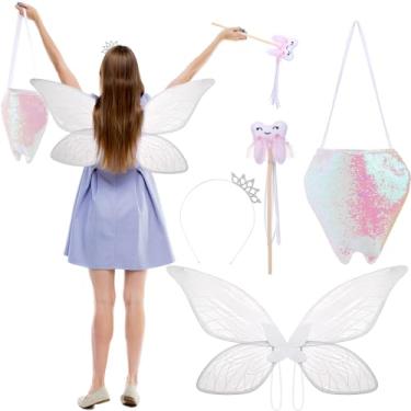 Imagem de Skicuff Conjunto de 4 peças de fantasia de fada de Halloween com asas de borboleta cintilantes, varinha mágica de fada e coroas para festa de cosplay de Halloween, Branco, Fairy wings about: 30 x 14