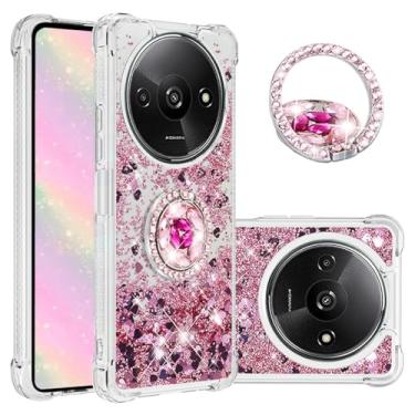 Imagem de Fofvccv Capa transparente com glitter para Xiaomi Redmi A3 4G com suporte de anel brilhante, areia movediça, líquido, macio, à prova de choque, para Redmi A3 LSZ, ouro rosa
