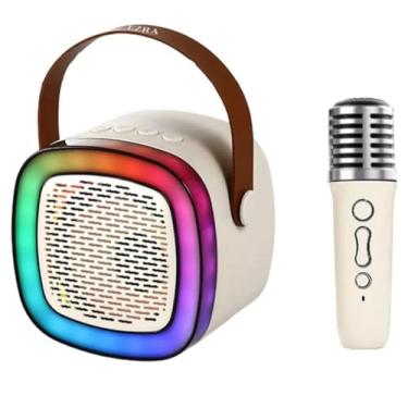 Imagem de Mini Karaokê Portátil BT, Caixa de Som com Luzes LED, 2 Microfones Sem Fio, para Crianças e Adultos