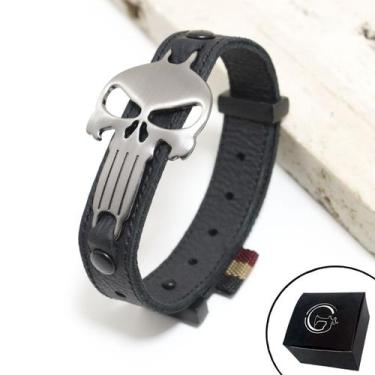 Imagem de Pulseira de Couro Preto Crânio/Caveira Onix com Fecho STRAP PLUG Ajust