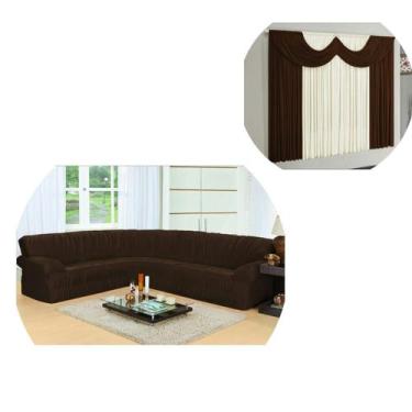 Imagem de Kit Capa Sofá De Canto De Até 5/6 Lugares + Cortina 02 Metros Marrom -