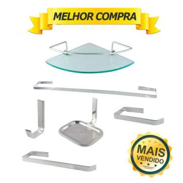 Imagem de Kit Acessórios Para Banheiro Quadrado Aço Inox 6 Peças Com Porta Shamp