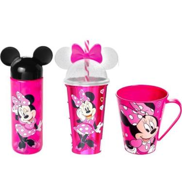 Imagem de Kit Caneca Copo e Garrafa Lúdica com Orelhas da Minnie Rosa - Plasútil