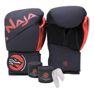 Imagem de Kit Luva Boxe Muay Thai + Bandagem + Bucal Naja Extreme, Vermelho, 14o