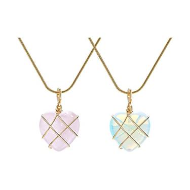 Imagem de QXFQJT Colar de coração grosso coquete Y2k colar de coração de quartzo rosa coração melhor amigo melhor amigo colar para mulheres