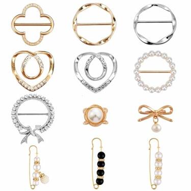 Imagem de 12 – 45 peças cachecol anel clipe broche pérola pinos - camiseta suéter xale laços clipes roupas canto botão nó moda metal círculo redondo camisa clipe fivela broches para mulheres meninas presente,