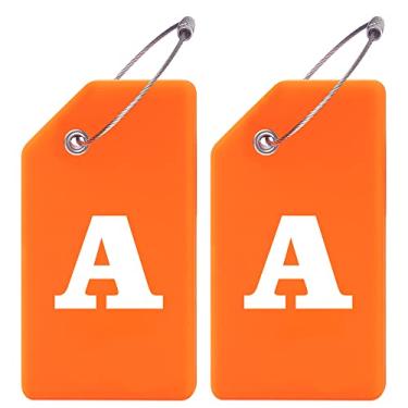 Imagem de Pacote com 2 etiquetas de bagagem de silicone com letra inicial bolsa escolar mala instrumento etiqueta laranja por Gostwo (A)