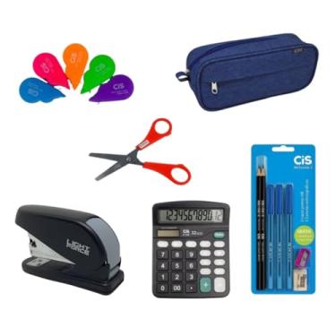 Imagem de Kit Material Escolar 12 Itens Aluno com Calculadora Tesoura Corretivo Lápis Caneta e Estojo