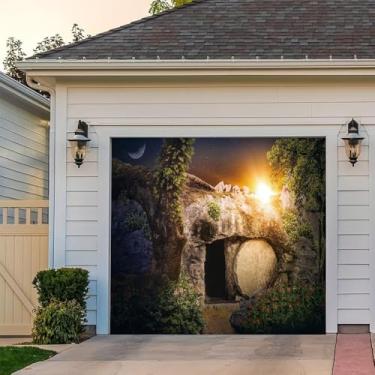 Imagem de Leyiyi Capa de bandeira de porta de garagem de Páscoa 2,1 x 2,4 m Ressurreição de Jesus Cristo pano de fundo vazio buraco da tumba luz sagrada Ele ressuscitou crucificação ao nascer do sol fundo de