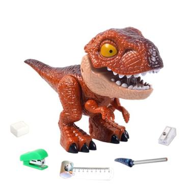 Imagem de Thcbme Conjunto de papelaria de dinossauro 5 em 1, conjunto de estojo de lápis com tema de dinossauro, kit de material escolar multifuncional - lápis, apontador de lápis, borracha, fita adesiva,