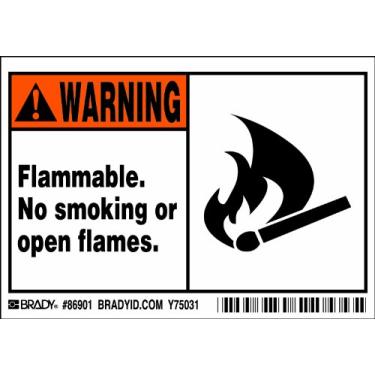 Imagem de Brady 86901, etiquetas de equipamento/OEM, 8 1/5.1 cm de altura x 12.7 cm de largura, preto/laranja em branco, legenda "inflamável. Não fumar ou abrir chamas" (5 por embalagem)