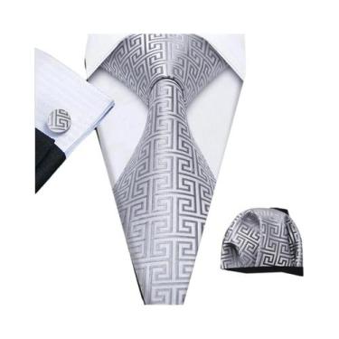 Imagem de Conjunto de Gravata e Abutões Masculinos - Seda Jacquard Preto, Branco