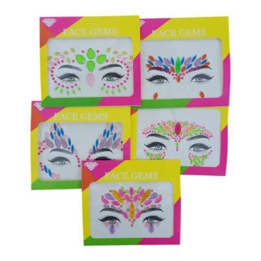 Imagem de Kit Com 2 Cartelas Adesivo De Rosto Strass Carnaval - Lika Bijuterias