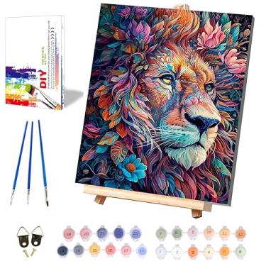 Imagem de xackcme Pintura de leão por números para adultos com tela emoldurada - com cavalete de madeira, pintura por número em tela animais, kits de pintura a óleo acrílica DIY com pincéis, caixa de presente
