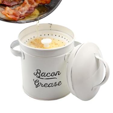 Imagem de Recipiente de graxa AuldHome, lata de graxa de bacon esmaltada branca com coador, estilo de fazenda, ecológico