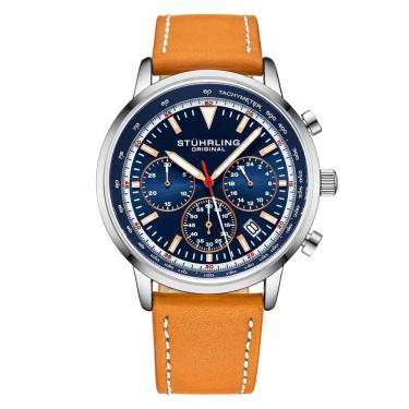 Imagem de Relgio Stuhrling 3986L Crongrafo de 44mm com Mostrador Azul, Pulseira de Couro Castanho e Fivela de Implantao Prateada