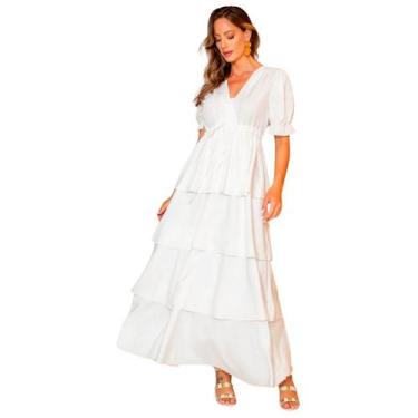 Imagem de Vestido feminino longo manga curta liso com babados na saia romantica 