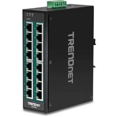 Imagem de Interruptor de trilho DIN TRENDnet de 16 portas com dureza industrial não gerenciada 10/100/1000 Mbps com 16 portas Gigabit PoE+, proteção vitalícia, TI-PG160