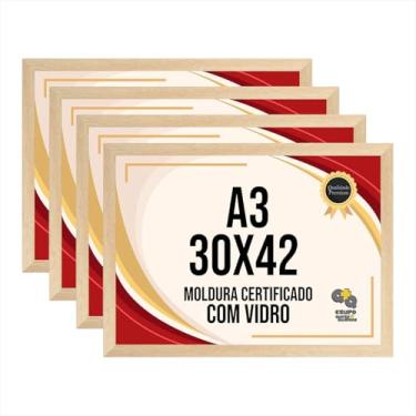 Imagem de Kit com 4 Molduras 30x42 cm - Tamanho A3 - Moldura Revestida com Vidro - Moldura para Parede, Poster, Fotografia, Fotos, etc. (Carvalho)