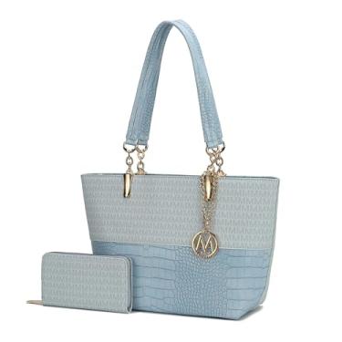 Imagem de MKF Bolsa de ombro feminina e conjunto de carteira: Bolsa de mão de couro PU – Bolsa de bolso elegante com alça superior, Azul claro Sasha, Large