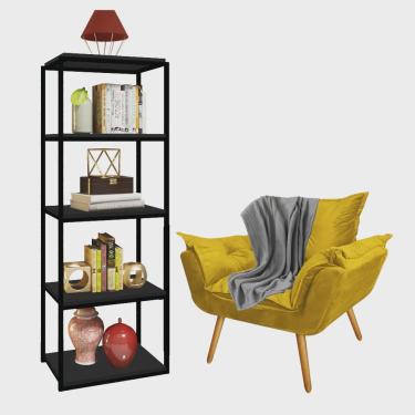 Imagem de Kit Poltrona Fatte com Manta Soft Cinza e Estante Livreiro Ferro Preto mdf Preto Suede Amarelo - Ahz Móveis