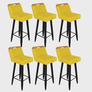 Imagem de Kit 06 Banqueta Alta c/ Encosto Lith Para Cozinha Bar Balcão Bistrô Pé Palito Preto Suede Amarelo - Ahz Móveis