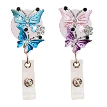 Imagem de 2 peças de porta-crachá retrátil de borboleta brilhante para enfermeiras com clipe, cordão retrátil de 61 cm, porta-cartões de nome para trabalhadoras de escritório, médicas, meninas, porta-crachás