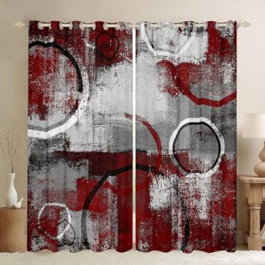 Imagem de Cortina de janela circular geométrica, cortinas de arte abstrata retrô para decoração de quarto de crianças, adolescentes, adultos, vermelho, cinza, preto, grafite, quadrado, tratamento de janela
