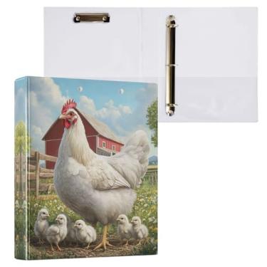 Imagem de Vuiyean Fichários de galinha branca com pintinhos de celeiro de animais de fazenda 3 anéis com prancheta e 2 bolsos, fichários grandes e resistentes, fichário decorativo de capa dura flexível