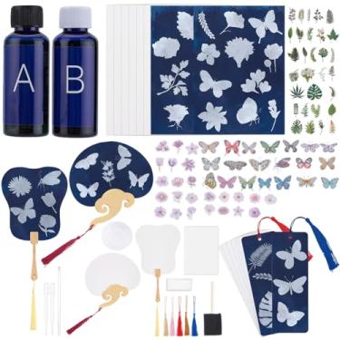 Imagem de WEBEEDY 32 conjuntos de kit completo de cianótipo inclui 15 folhas de papel A4, 2 ventiladores, 15 marcadores, 2 sensibilizadores de componentes, ferramentas de pincel e instruções para impressão