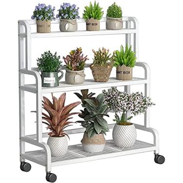 Imagem de WYUYIWH Suporte de planta de metal de 3 camadas para vaso de flores, prateleira de flores de escada com rodas e freios, suporte de exibição de armazenamento de plantador de chão para ambientes