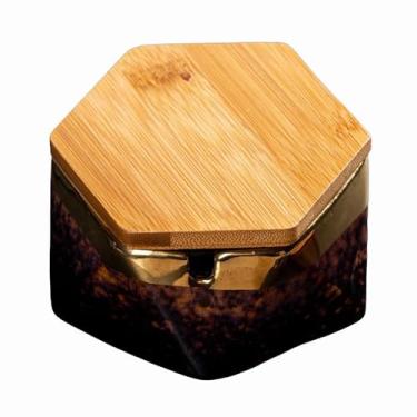 Imagem de Cinzeiros de mesa de cerâmica com tampa cinzeiro de mesa polígono para mulheres homens modernos à prova de vento para fumar para uso doméstico ornamentos de escritório (cor: marrom)
