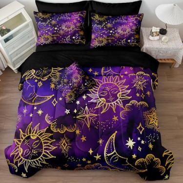 Imagem de Merryword Conjunto de edredom com 8 peças, universo, sol e lua, tamanho king, galáxia, roxo, dourado, lua e estrela, boêmio, gótico