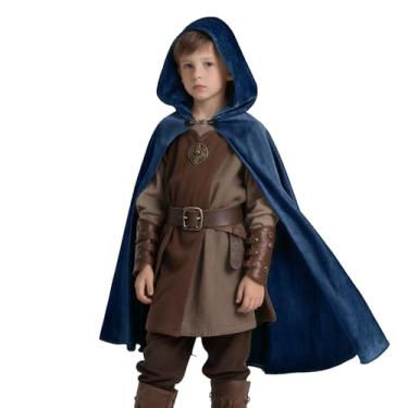 Imagem de JEGERMIG Capa infantil medieval com capuz renascentista cosplay fantasia de bruxo, Azul, 3'11"-4'7"