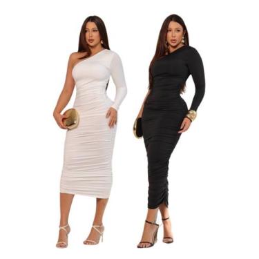 Imagem de Kit 2 Vestido Longo Um Ombro Só Manga Longa Simples Elegante Festa Jus