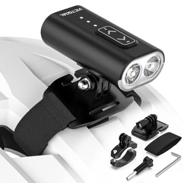 Imagem de VICTGOAL Luz de capacete de bicicleta, 800 lúmens, recarregável, 13 modos, luz frontal com farol alto e baixo, à prova d'água, capacetes de bicicleta, luz com suportes duplos para capacete e guidão