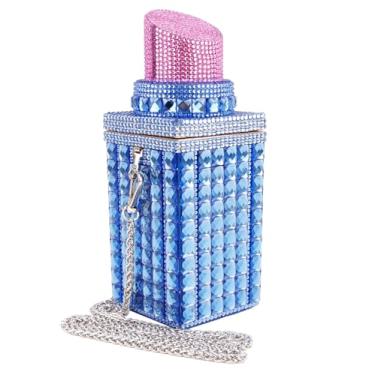 Imagem de Sheiyeah Bolsa feminina em forma de batom incrustada com strass cristal glitter bolsas para noite bolsa clutch brilhante para banquete, Azul