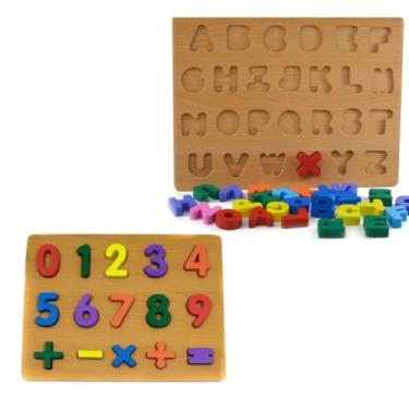 Imagem de Brinquedo Educativo Tabuleiro Letras e Números Coloridas Educativo Encaixar Pedagógico Premium