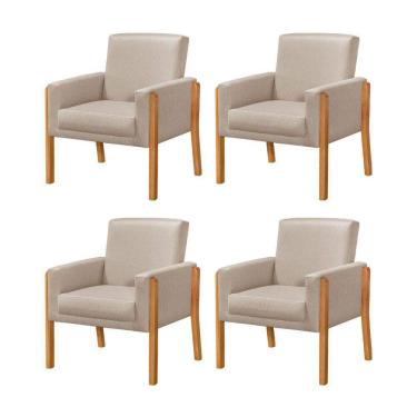 Imagem de Kit 4 Poltronas Sala De Espera Pés Em Madeira Santorini Linho Bege - Bege