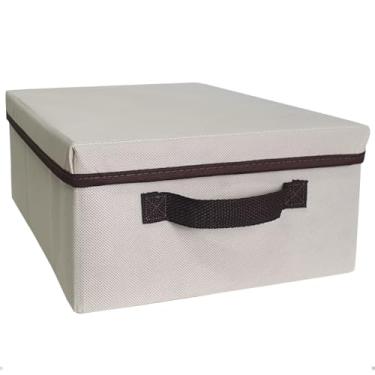 Imagem de Caixa Organizadora com Tampa para Roupas e Acessórios bege com Detalhes Marrom, dobravél Suporta 25kg - desmontável