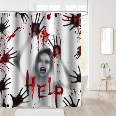 Imagem de Amagical Cortina de chuveiro de Halloween Spooky Bloody Hands Girl Need Help, acessórios de cortina de banheira de tecido de poliéster para presente, 188 x 180 cm com 12 ganchos, decoração de festival