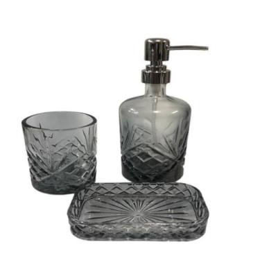 Imagem de Kit Banheiro 3 Peças Vidro Porta Sabonete Líquido Saboneteira Suporte Design Moderno Organização Para Pia Lavabo E Banheiro Resistente Prático Elegante