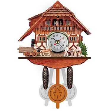 Imagem de Rsmmpqa Relógio de cuco de madeira, relógio de quartzo, chalé tradicional casa floresta negra relógio feito à mão pêndulo de parede de madeira aplicação multi cenário (N) (G)