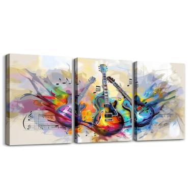 Imagem de Instrumento de guitarra 3 peças arte de parede em tela para sala de estar, imagens de grafite de rua aquarela decorações para quarto, notas musicais pintura de parede decoração de sala de jantar