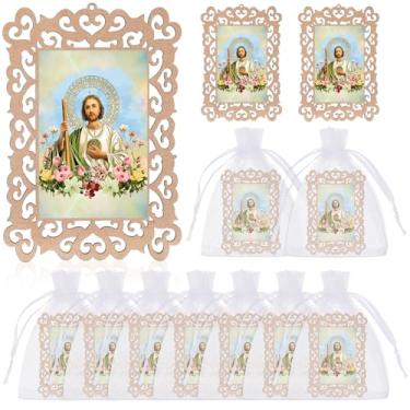 Imagem de Quelay 12 molduras de madeira de São Judas católico com sacos de presente de organza, lembrancinhas de batismo para convidados, primeira comunhão, batizado, memorial, presente para convidados