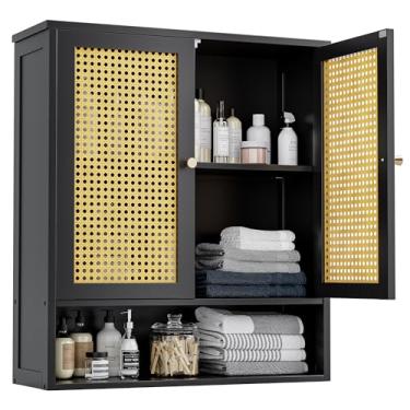 Imagem de vovala Armário de parede de banheiro, organizador de bambu sobre o vaso sanitário com 2 portas de vime e prateleira ajustável, armário de remédios que economiza espaço para lavanderia, cozinha, sala