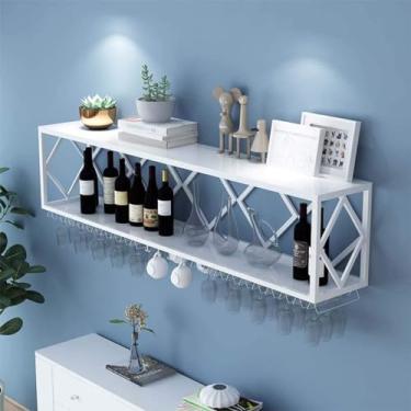 Imagem de Wie Rack Bar Uit Prateleiras Flutuantes Wall-mouted Iverted Wie Glass Rack Multifuctioal Iro Bottle Holder Simple Hagig Goblet Rack Com Partitios, White, 120 * 25 * 40cm