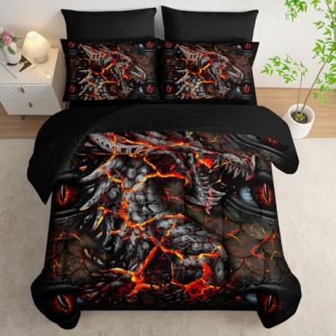 Imagem de AILONEN Jogo de edredom com dragão cinza ardente, 7 peças de olho do dragão em uma bolsa para meninos adolescentes, tamanho Queen, edredom e lençol com elástico com lençol de cima e 2 fronhas, 2