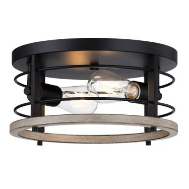 Imagem de Revtronic Luminária De Teto Redonda, Moderna, Industrial, Preta, 2 Luzes, Embutida, Para Interior/Exterior, Cozinha, Quarto, Sala Estar, 11,8 X 6,08"